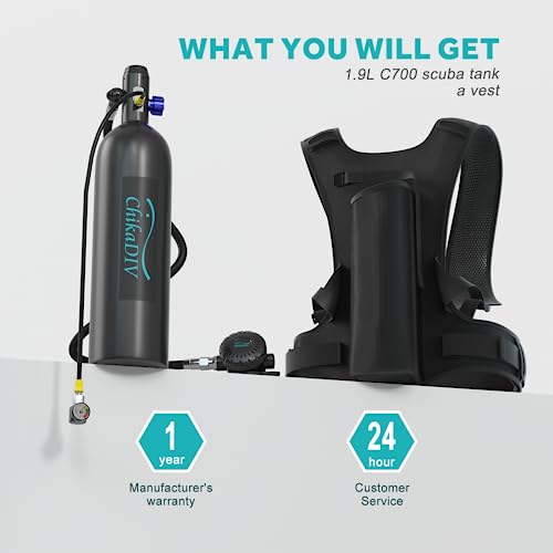 Chikadiv 1.9L Scuba Tank With 25-30Mins Diving Time, Dot Certified Mini Scuba Tank Made Of Aviation Aluminum Portable Diving Tank Set Suitable Within 10M, For Underwater Exploration A-Black #TOP6
