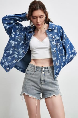 D-Sun Women Casual Printed Denim Jacket Oversized Button Down Long Sleeve Boyfriend Vintage Jean Jacket Coat with Pockets4
