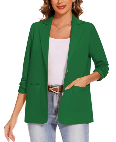 Image of MINTLIMIT Cotton Linen Blazer Jackets for Women 3/4 Ruched Sleeve Blazers Summer 2 Button with Pocket Outerwear Notched Lapel (Emerald Green, L)