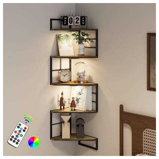 WFSRESTD Floating Corner Shelves with Light - 5 Tiers Metal Corner Shelf Wall Mounted for Bedroom Living Room Office Kitchen, Easy-to-Assemble Corner Wall Shelves, Brown