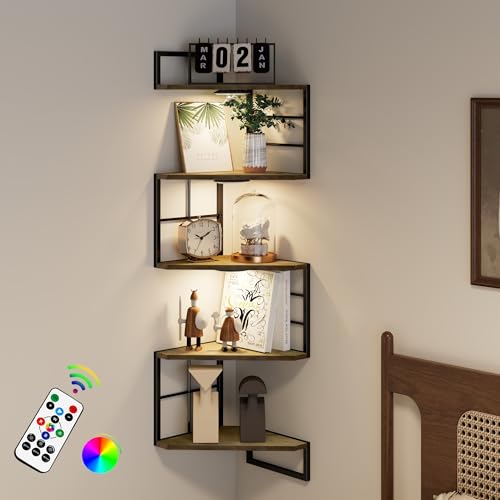 WFSRESTD Floating Corner Shelves with Light - 5 Tiers Metal Corner Shelf Wall Mounted for Bedroom Living Room Office Kitchen, Easy-to-Assemble Corner Wall Shelves, Brown