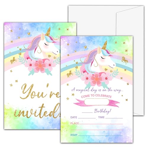 valucise Unicorn Birthday Invitations For Girls Rainbow Unicorn Birthday Party Invitations Favor Supplies Magic Fill In Cards (20 Invites With 20 Envelopes) -A32