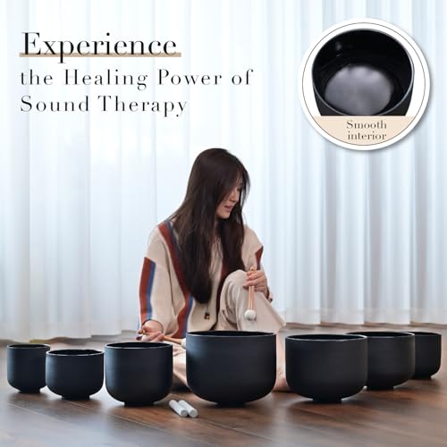 432HZ 6-12 Inch Set of 7 Chakra Black Frosted Quartz Crystal Singing Bowls with 2 Pcs Carry Cases and Suede Mallet