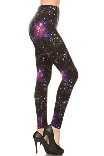 S756-OS Purple Cosmos Print Fashion Leggings, One Size