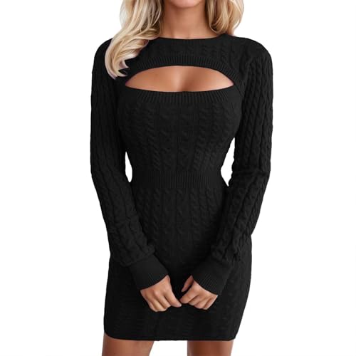Generisch Damen figurbetontes Strick-Minikleid mit Cut-Out - langärmeliges Bodycon-Kleid mit Zopfmuster | aufregendes Partykleid für kühle Abende