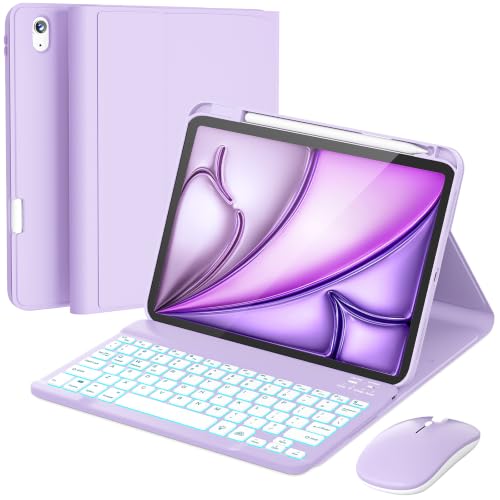 RAYMCRAFT for iPad Air 11-inch Case with Keyboard M4/M3/M2 (2026/2025/2024) Mouse and Detachable Wireless Keyboard Combo for iPad Air 5th/4th 10.9-inch 7-Color Backlight with Pencil Holder Purple