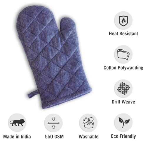 Image of 3 Oven Gloves, Cotton Heat Resistant Oven Mitts Kitchen Gloves for Cooking, Baking | Heat Proof, Durable, Free Size (Blue)