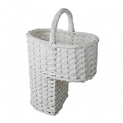 HOUSEGADS Wicker Stair Basket Large Rectangular with Handle Natural Handwoven Rattan Storage and Carrying Step Storage Baskets Bin for Laundry Household Items Toys Nursery Room (White)