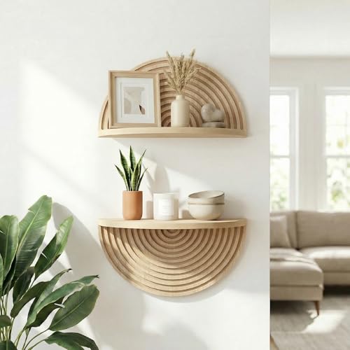 Image of American Art Decor Natural Boho Arched Lunar Ledges Wall Shelf, Wood 2 Piece Floating Bookshelf for Wall, Modular Arch Display Shelf for Bedroom Bathroom Kitchen Living Room Decor, 6.62 inch H x 11.75 inch L
