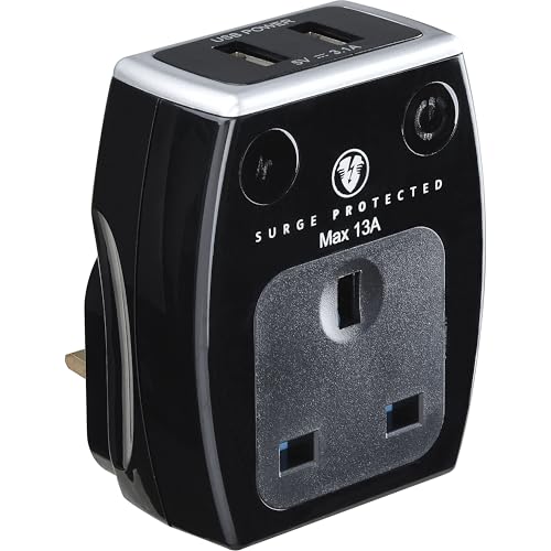 Masterplug Single Socket Surge Protected Power Adaptor with Two USB Charging Points Polished Black