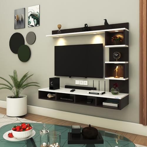 Anikaa Kirina Engineered Wood Wall Mount TV Unit with LED Lights TV Cabinet TV Entertainment Unit Set Top Box Stand (Wenge/White) (Ideal for 43 Inch)(D.I.Y)