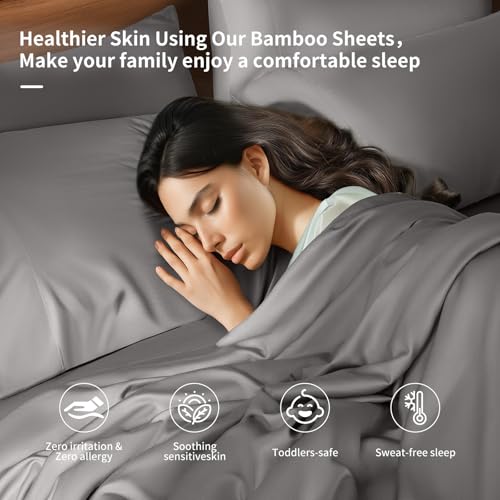 Image of Shilucheng 6 Piece Full Sheet Sets, Cooling Sheets, Blend Rayon Derived from Bamboo, Deep Pocket Up to 16 inch, Breathable & Soft Bed Sheets, Hotel Silky Bedding Set, Grey