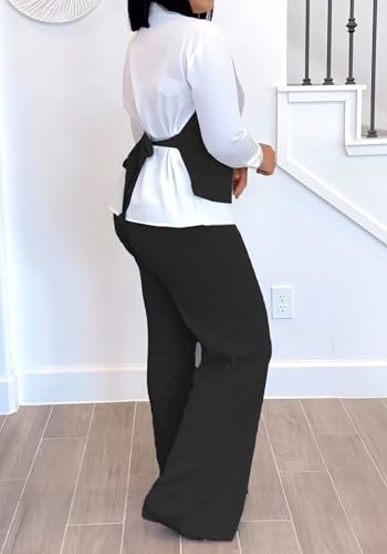 HuiSiFang Women 2 Piece Sets Dressy Casual Long Sleeve Patchwork Vest and Pants Set Work Outfits3
