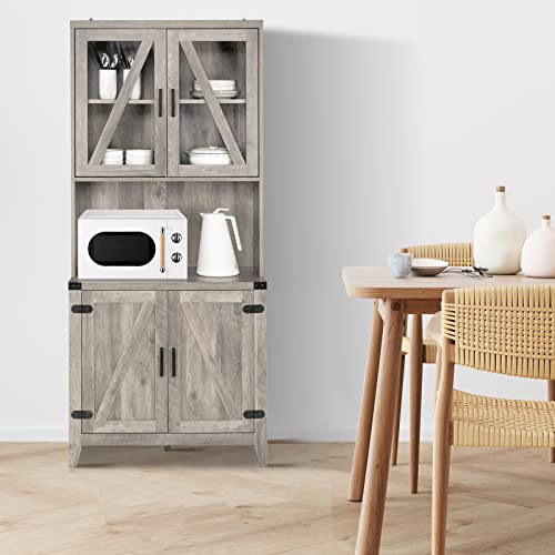 Image of VINGLI 67 inch Kitchen Pantry Storage Cabinet,Farmhouse Freestanding with Microwave Stand,2 Cabinet,Adjustable Shelves