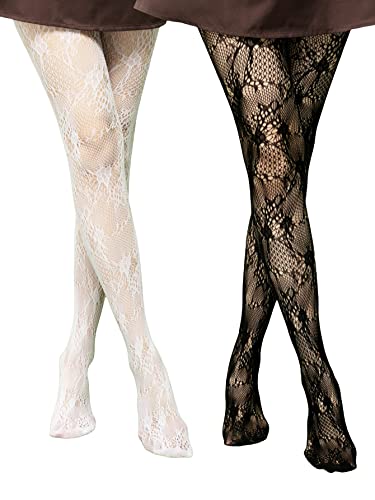 Verdusa Women's 2Pairs High Waist Floral Lace Sheer Fishnet Tights Stockings Black And White One-Size #TOP26