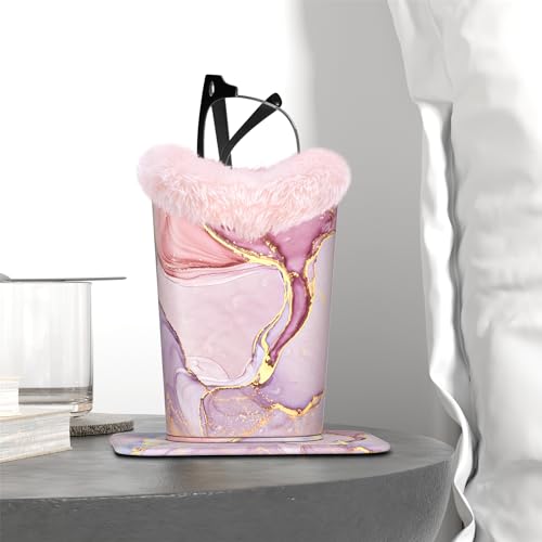 Image of Eyeglasses Holder, Plush Lined PU Leather Pattern Stand Case with Magnetic Base, Unisex for Women Men, Pink Marble