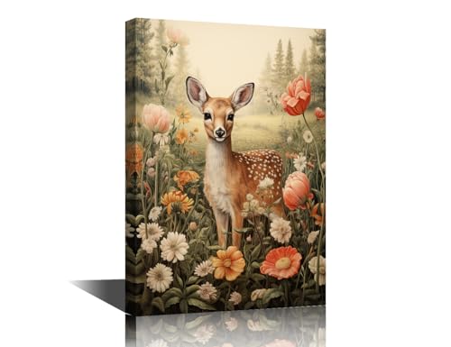 Toile cerf dans la forêt TISHIRON 30x45 cm avec cadre naturel pour décoration
