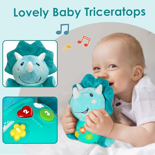 Image of iPlay, iLearn Baby Dinosaur Musical Toys, Newborn Stuffed Animal Boys Gift | Soft Plush Dino, Infant Light Music Time, 1st Valentine's Easter Basket Stuffer 0 1 2 3 6 9 12 18 Month 1-3 Yrs Toddler Girl