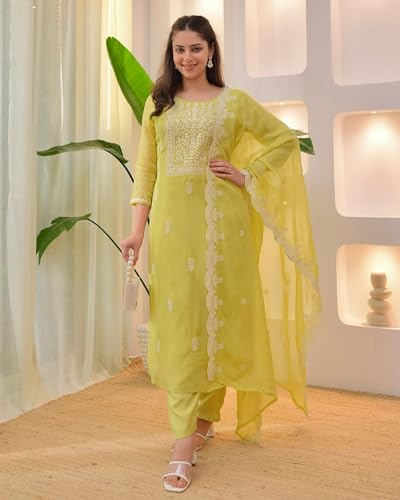 Image of LookMark Women's Chanderi Chikankari Kurta Set with Dupatta Kurti with Pants Ethnic Traditional Outfit
