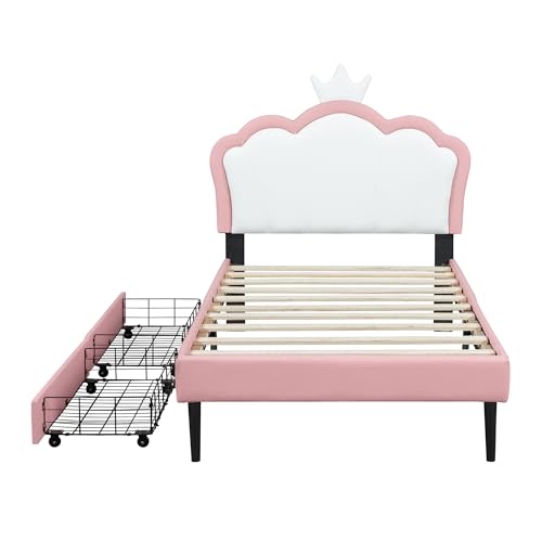 P PURLOVE Full Size Upholstered Princess Bed for Girls with Crown Headboard,Full Size Platform Bed with 2 Storage Drawers,Cute Platform Bed Frame for Kids