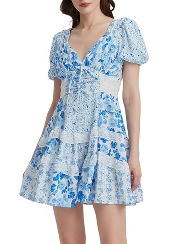 Image of hibshaby Women's Floral Patchwork Dress V Neck Lace Layered Ruffle Flowy Babydoll Dress Puff Sleeve Tiered Mini Sundress