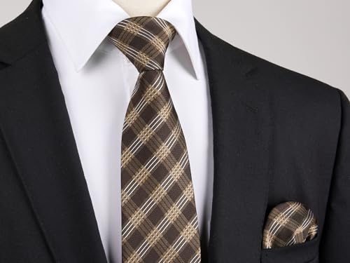 Image of HISDERN Ties for Men Plaid Checkered Tie with Pocket Square Woven Business Formal Necktie Handkerchief Set Wedding Party