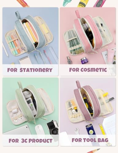 Image of SUNEE Cute Pencil Case, Aesthetic Pen Pouch with 3 Compartments, Kawaii Colored Large Pencil Bag with Zipper, Stationery Storage and Organizer, Purple School Supplies for Teen and Adult Girls