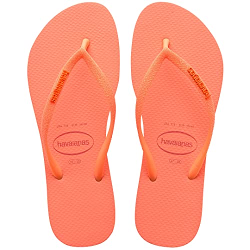 Havaianas Kids Slim Glitter Neon Flip Flops - Colorful Sandals with Glitter Strap - Coral Spark, 9C Little Kid