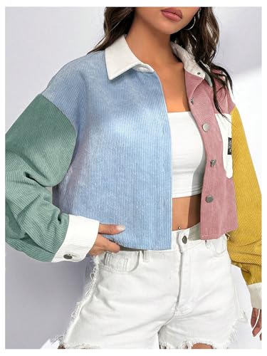 Verdusa Women's Colorblock Crop Jacket Button Front Collared Colorful Outerwear with Pockets3