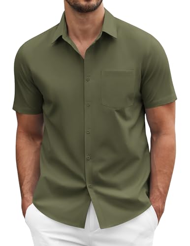 COOFANDY Mens Casual Button Down Shirts Summer Short Sleeve Textured Button Up Work Office Dress Shirt 2024 Olive Army Green Medium