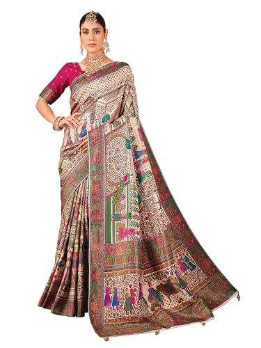 Image of Glory Sarees Women's Luxurious Dola Pure Silk Original Saree Position Print Work Madhubani Inspired Motifs Banarasi Kanjivaram Style Saree With Blouse Piece (Elegant101 Parent)
