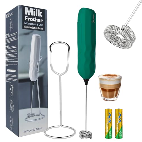 Image of SUPRUS Ultra Fast Handheld Milk Frother Double Whisk with Stand 2 Batteries Stainless Steel for Lattes Cappuccino Matcha Hot Chocolate Coffee Bar Accessories Kitchen Gadgets Gift
