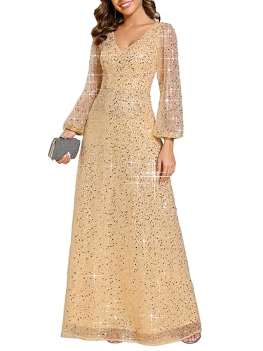 Ever-Pretty Robe De Mariée Longue pour Mère Tulle Paillettes Manches Longues Col V Lingne A Chic Or 36