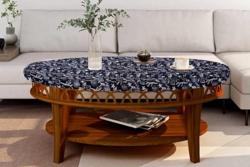 Image of The Furnishing Tree Elastic Oval Center Table Cover WxL 18x60 in Inches Polyester Self Pattern Blue
