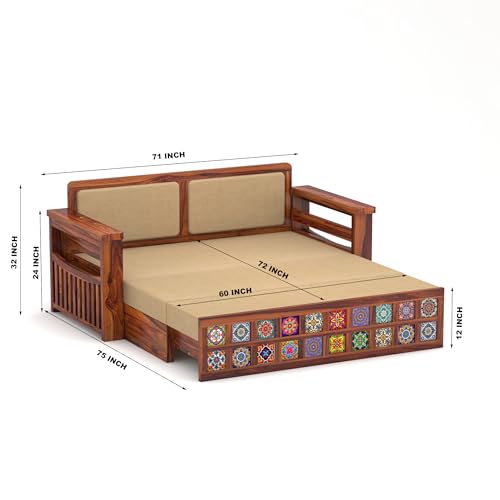 Image of Solid Sheesham Wood Sofa Cums Bed with Cushioned Seating & Handcrafted Tile Storage Front | Rosewood Convertible Sofa Bed for Living Room & Bedroom (Honey)