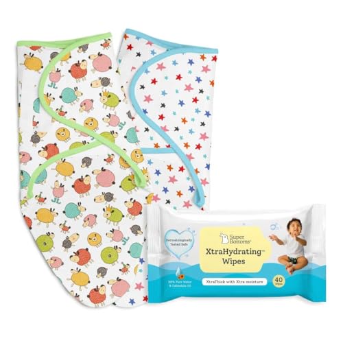 Image of superbottoms 2 Dry Feel Swaddle Wrap with 3X Thicker Premium Wet Wipes | Dry Feel Layer Inside | Easy to Wear Wrapper | 98% Pure Water | Doctor Tested Best Baby Wipes (Unscented) - 40 Wipes | 0-3 M.