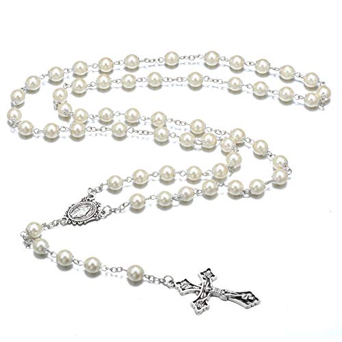 Rnivida Catholic Pearl Beads Rosary Necklace Metal Beaded Miraculous Medal & Cross Rosary for Women