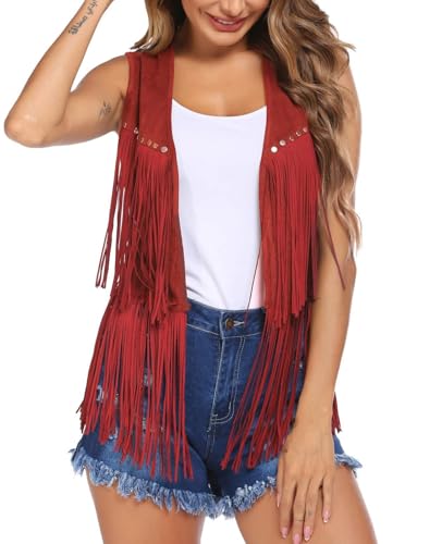 MINTLIMIT Women's Fringe Vest Sleeveless Tassel Jacket Faux Suede Rivets Western Cowgirl Waistcoat 70s Hippie Outfit4