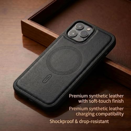 Image of amazon basics Premium PU Leather Case for iPhone 12 Pro Max, MagSafe Compatible Magnetic Ring, Sleek Protective Back Cover - [Black]