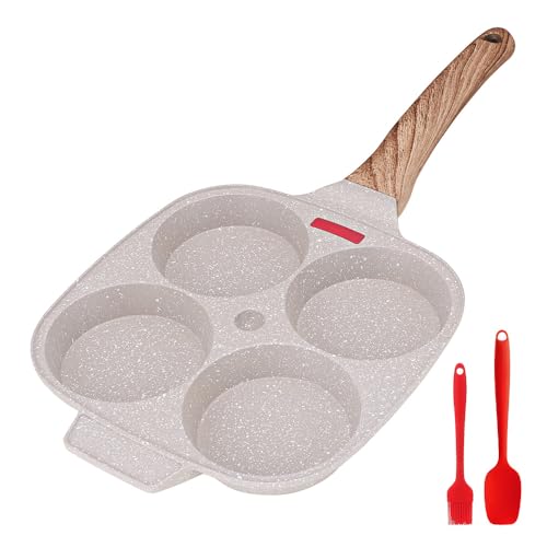 Bobikuke Sartén Tortitas, Sartén Huevos Poche de 4 Agujeros Sartén Antiadherente de Aluminio para Desayuno Huevos Fritos Hamburguesas Panqueques (Blanco)