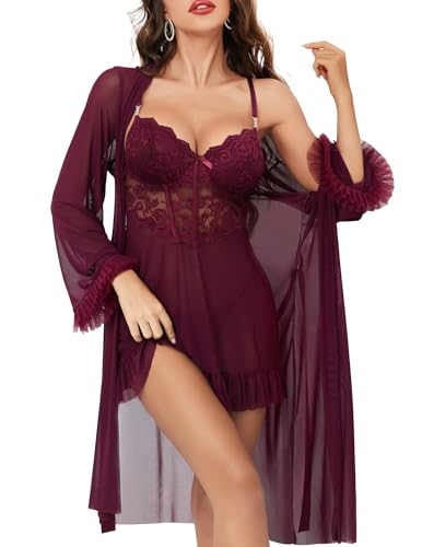 Tidouk Women Sexy Lingerie Set, 3 Piece Babydoll with Mesh Kimono Robe & Lace Panty, Lace Trim Teddy Chemise...