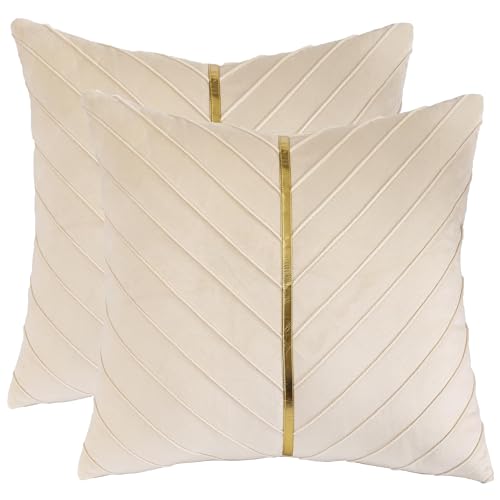 Image of Velvet Throw Pillow Covers 24x24 inch Pack of 2 Gold Decor Cream