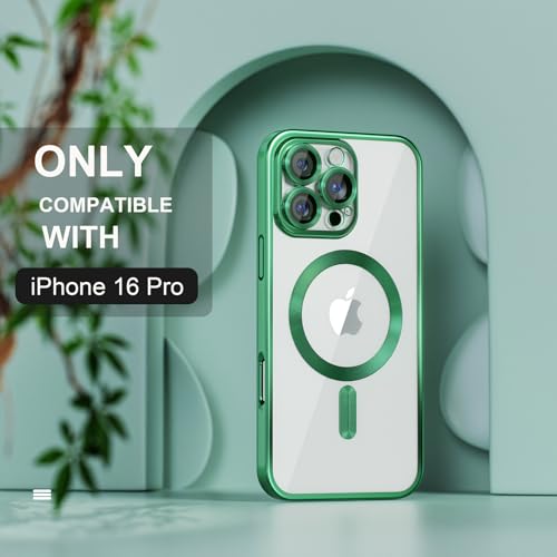 Image of Misea Magnetic for iPhone 16 Pro Case Compatible with MagSafe Green | [Never Yellowing] [Military Drop Protection] Full Camera Lens Protector Plating Soft Clear Phone Case for Women, Green