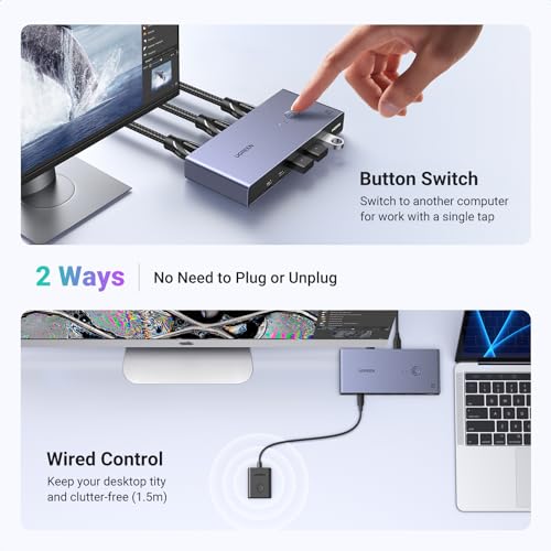 UGREEN 8K@60Hz KVM Switch HDMI USB 3.0 with 3 USB + 1 Type-C Ports Switch 2 Ports for 2 Computers Share 1 Monitor Keyboard Mouse Hard Drives Printer with 2 HDMI Cables, 2 USB Cables and Controller