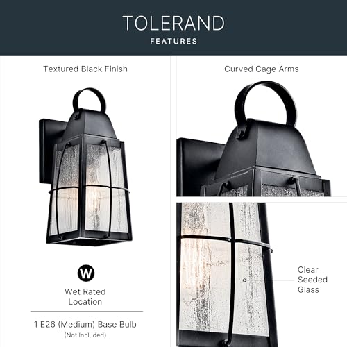 Image of Kichler Tolerand 12 inch Outdoor Wall Light in Textured Black, 1-Light Exterior Wall Sconce Porch Light with Clear Seeded Glass, (12 inch H x 5.75 inch W), 49552BKT