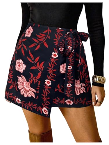 Image of RoseSeek Women's Boho Floral Print Wrap Mini Skirt Tie Side Summer Vacation Beach Skirts