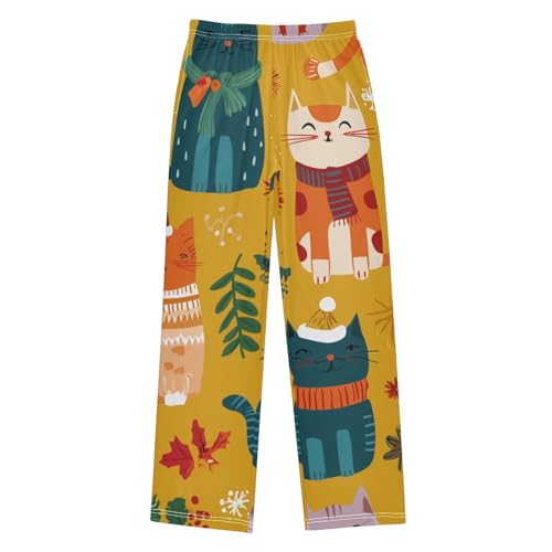 Cat Flowers Boys Long Pants Soft Trousers Elastic Waist Kids Lounge Bottoms with Pockets S-XL