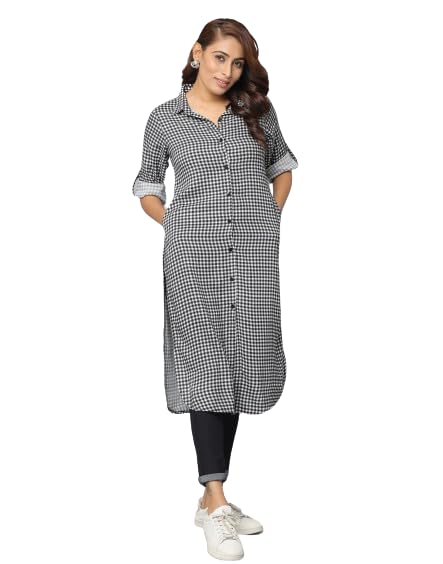 Image of Women's Shirt Collar Kurta with Front Full-Length Placket, Button Straight Cut, 3 /4th Sleeve, Side Pockets