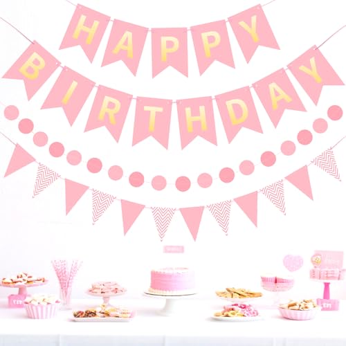 Image of Pink Happy Birthday Banner Hanging Sign Circle Dot Triangle Bunting