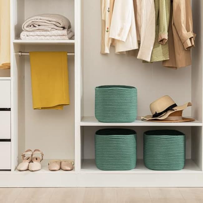 UBBCARE 3-Pack Woven Rope Shelf Baskets - 15x10x9in Decorative Storage Basket for Toys, Kids Playroom, Closet Organization & Cube Storage Organizer | Gift Basket Empty, Green
